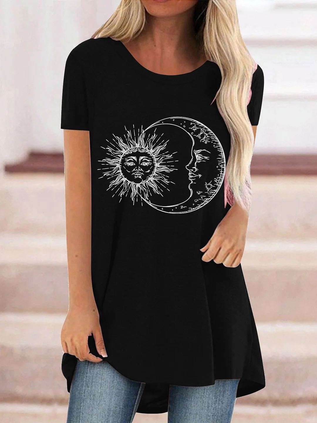 Women Casual Short Sleeve Scoop Neck Sun&Moon Floral Printed Tops
