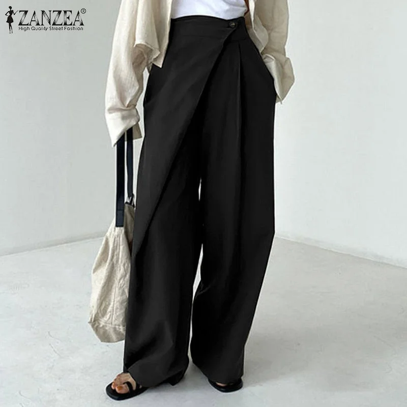 ZANZEA Stylish Women Wide Leg Pleated Pants Autumn Trousers Casual Elastic Waist Solid Loose Pantalon Button Palazzo Oversized