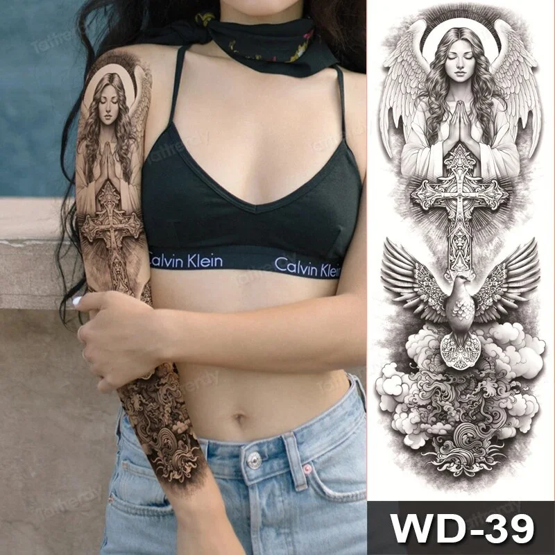 Sdrawing Size Leg Thigh Temporary Tattoo Stickers Full Arm Sleeve Wolf Carp Fox Peony Flower Fake Tattoo Sleeves Sexy Body Painting