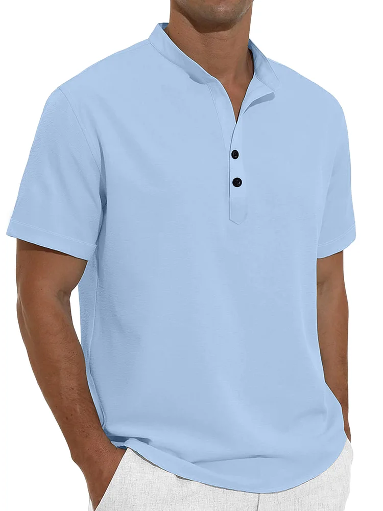 Men's summer cotton and linen stand collar two-button solid color short-sleeved shirt
