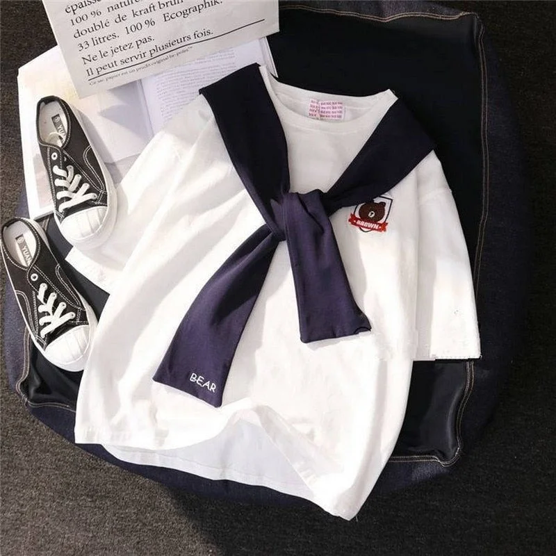 harajuku short-sleeve embroidery women clothes Korean tops t-shirt new summer bf sailor collar student oversized sweet t shirt