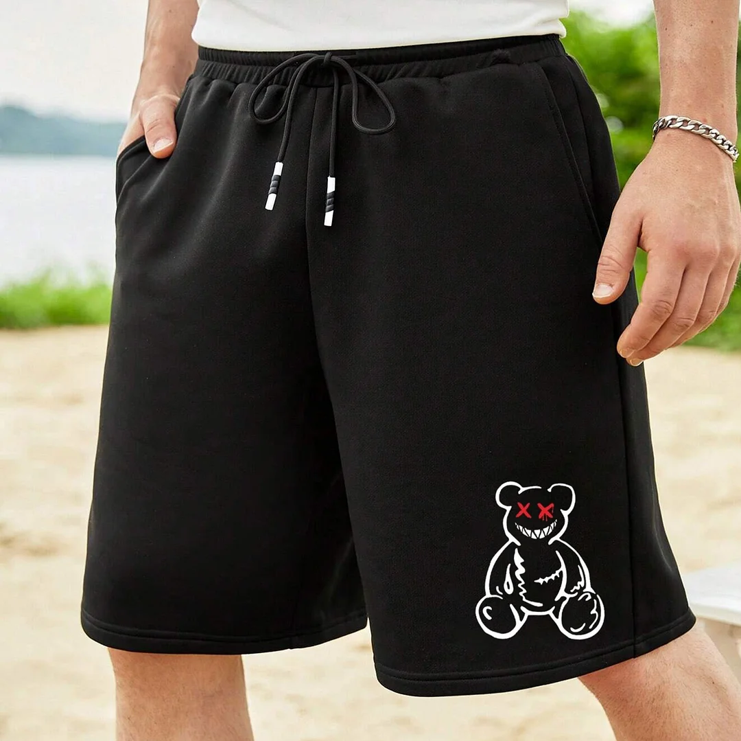 Evil Expression Teddy Bear Graphic Black Print Shorts