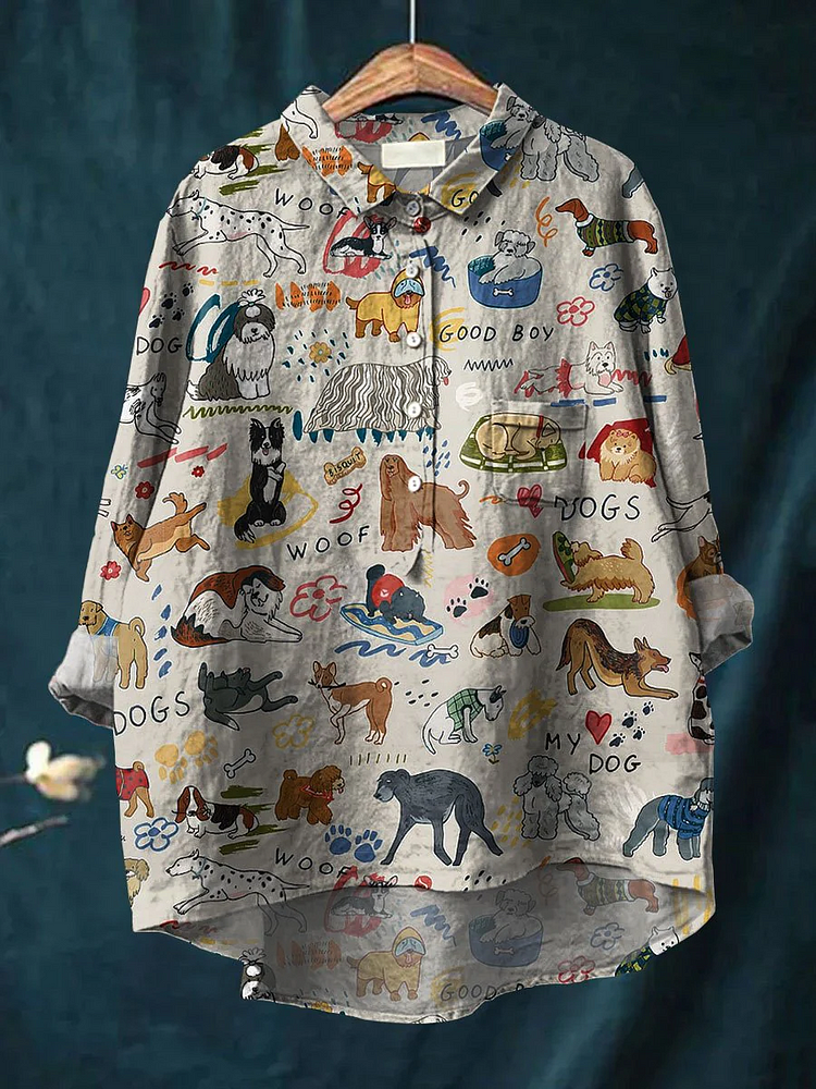 Women's Cute Dog Art Print Casual Cotton And Linen Shirt