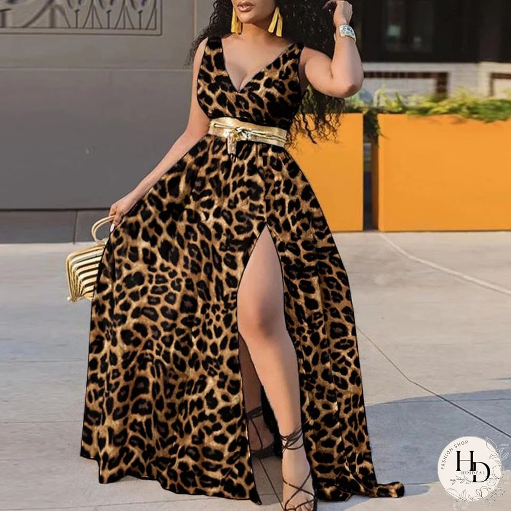 Women Sleeveless V Neck Bohemian Floral Print Beach Dress Sexy High Split Hem Robe Bohemian Vestido Party Beach Dress