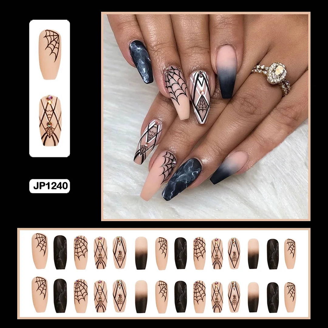 24PCS Dark Punk False Nails with Glue Gradient Long Detachable Fire Stick on Nails Skull Flame  Art DIY Fashion Manicure Tool-Nail Inspo
