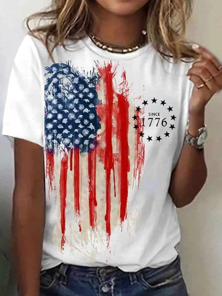 Comstylish Women'S Independence Day Round Neck Vintage Flag Print Casual T-Shirt