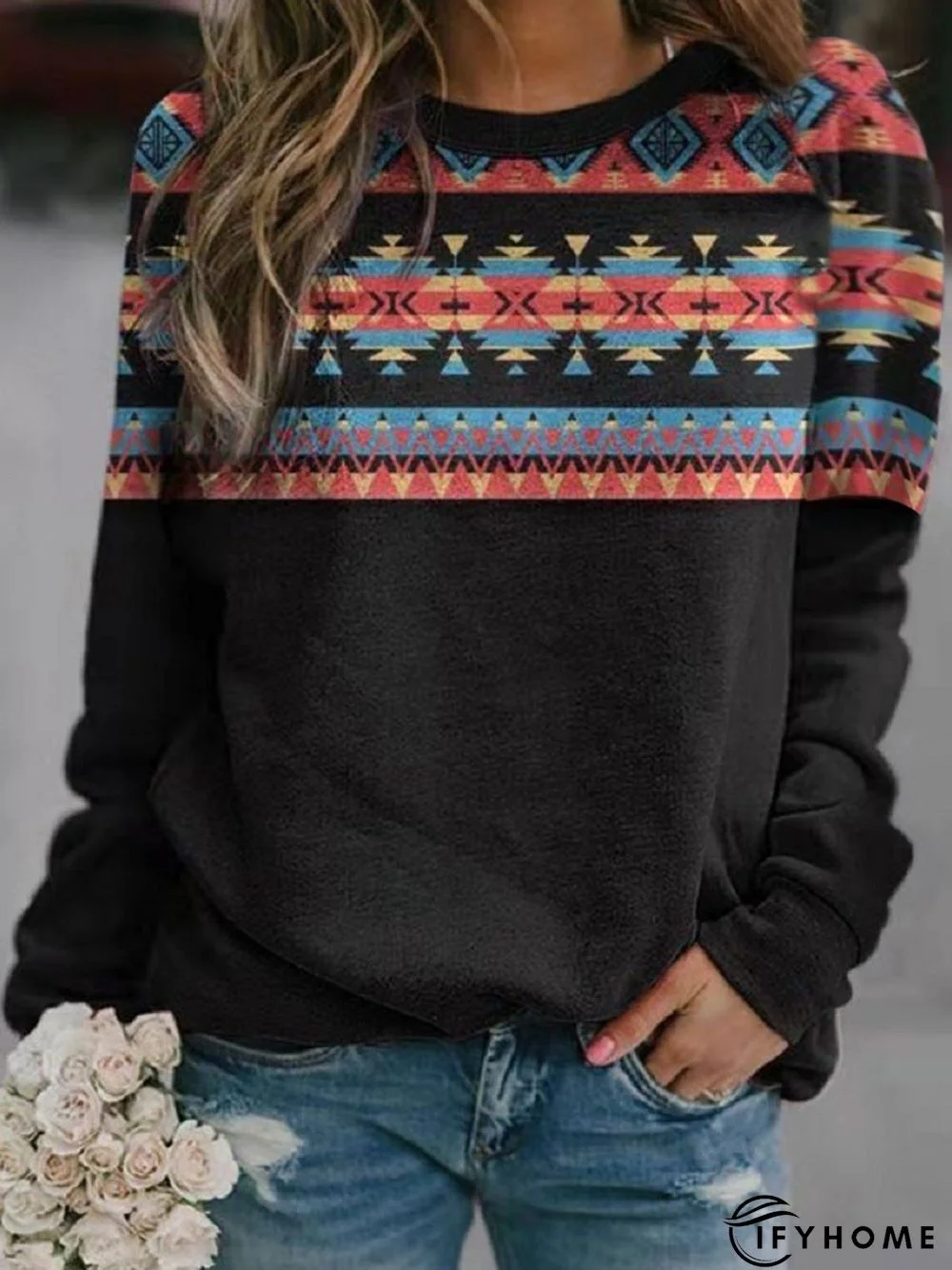 Vintage Geometric Printed Crew Neck Long Sleeve Casual Sweatshirt | IFYHOME