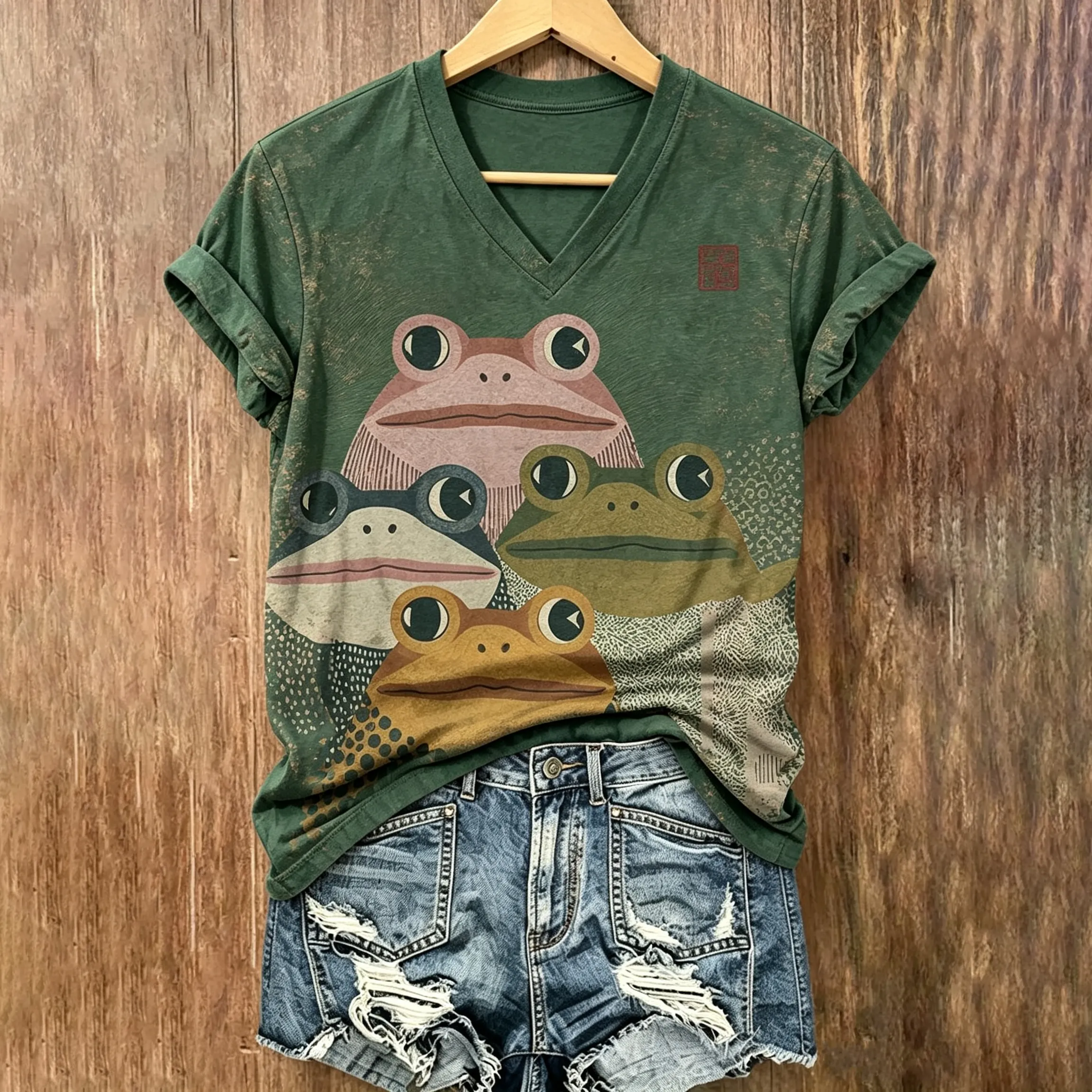 Comstylish Women's Retro Japanese Art Frog Print V-neck Short Sleeve T-shirt