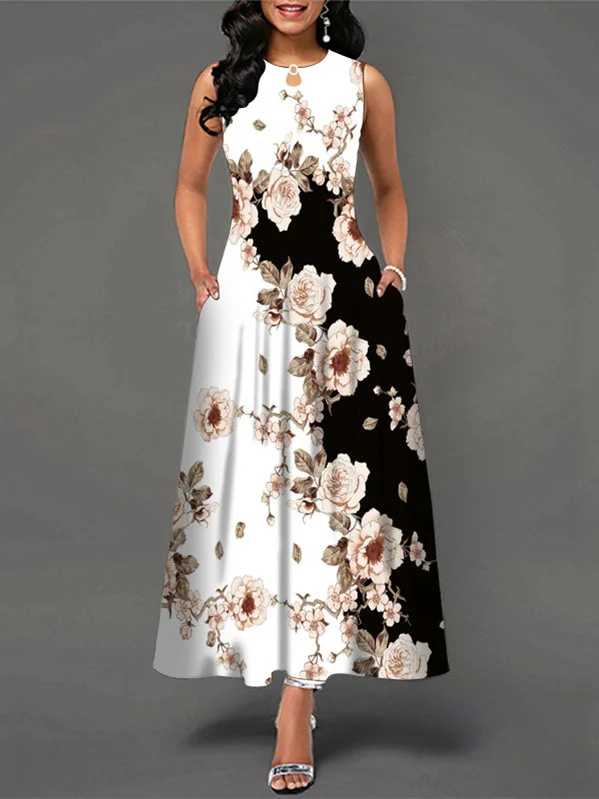 Women's Sleeveless Scoop Neck Floral Printed Maxi Dress