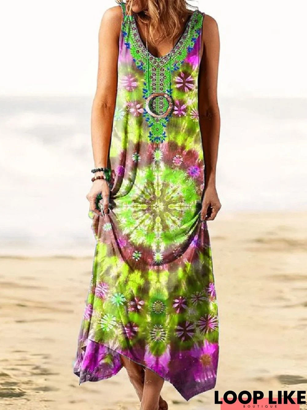 Wind-Loose Printed Vest and Long Skirt