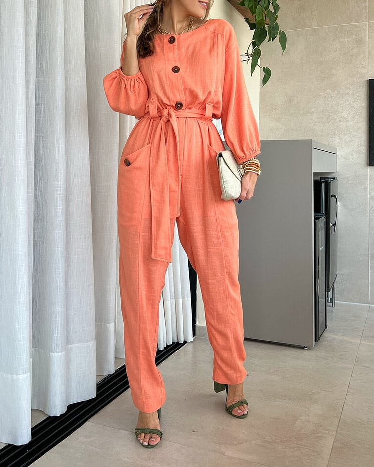 Linen Casual Plain Lace-up Jumpsuit