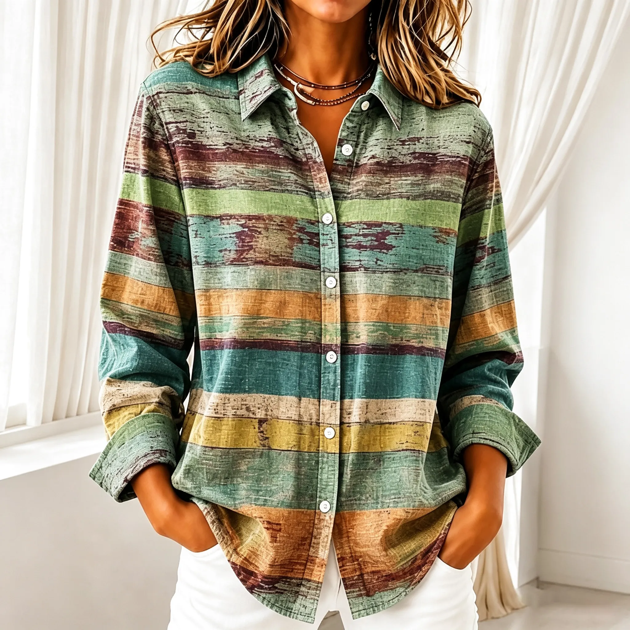 Comstylish Women's Retro Abstract Striped Print Casual Long-sleeve Shirt