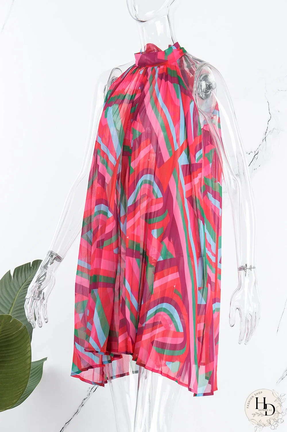 Rose Red Casual Print Patchwork Fold O Neck A Line Dresses