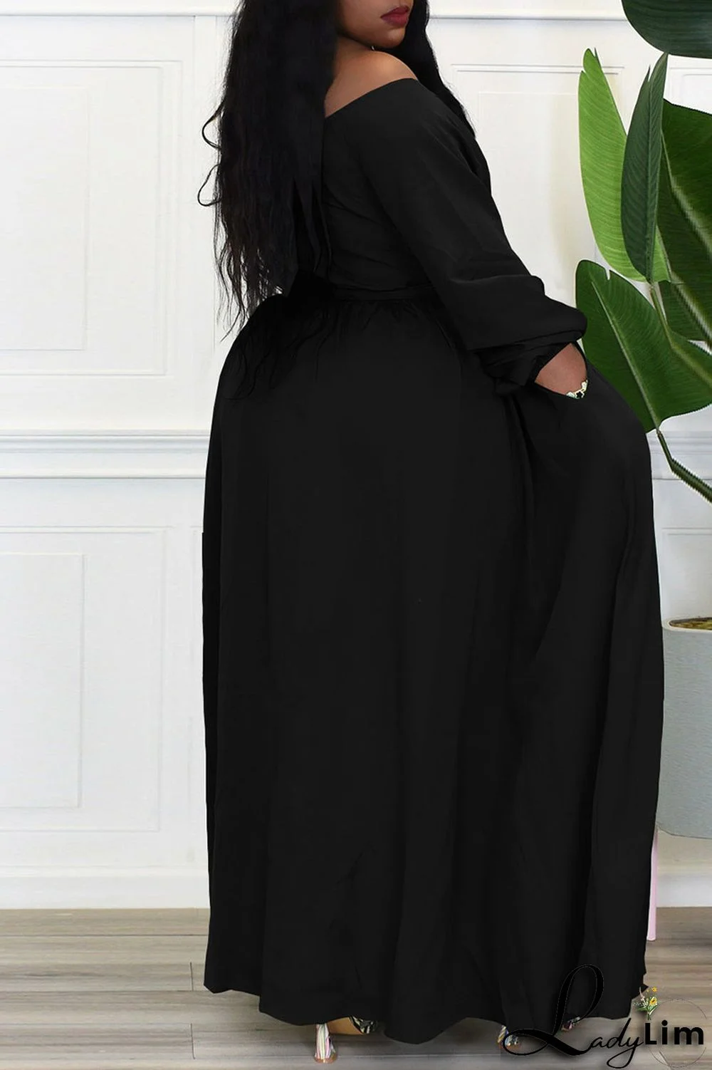 Black Casual Solid Bandage Patchwork Buckle Off the Shoulder Plus Size Dresses