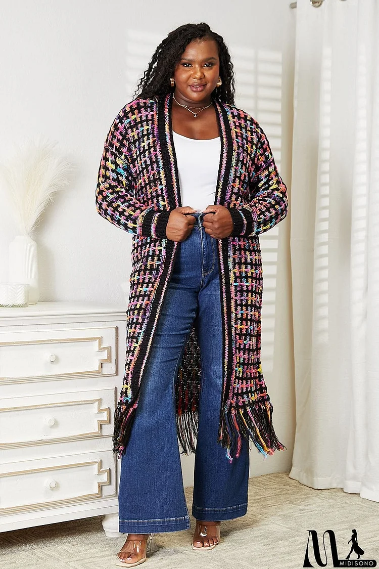 Double Take Full Size Multicolored Open Front Fringe Hem Cardigan