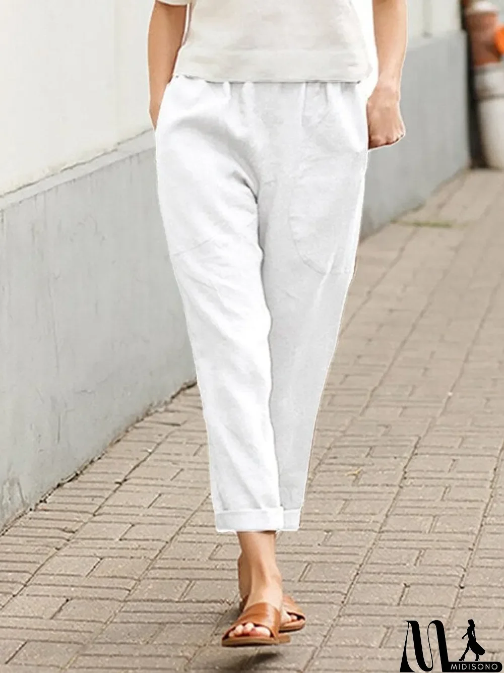 MidiSono - Women's Cotton Linen Solid Color Casual Pants