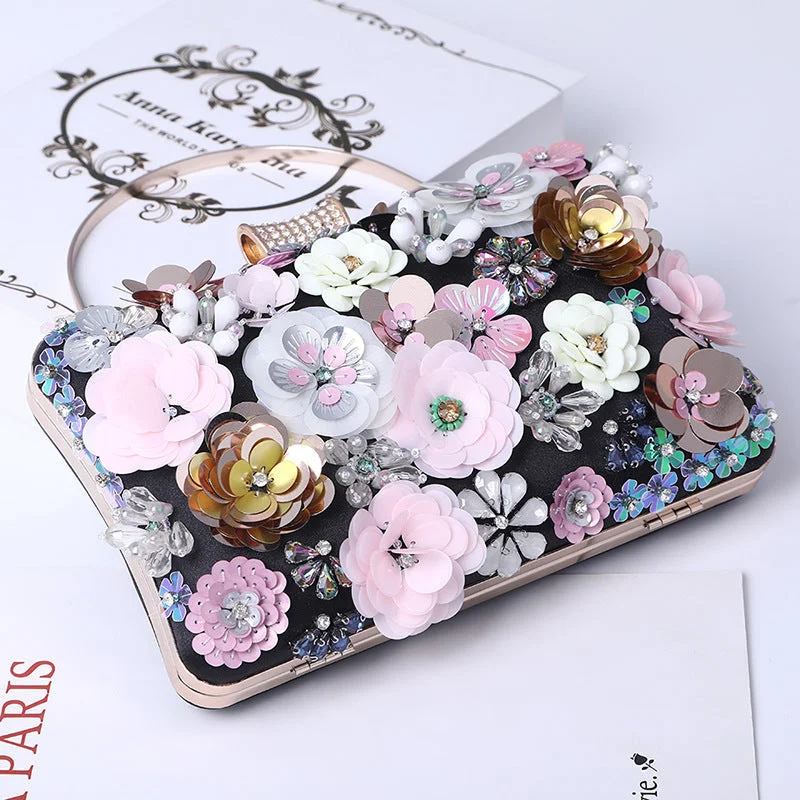 Ladies Flower Bag Sequins Rhinestones Beaded Clutch Bag