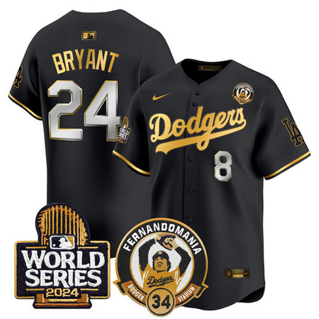 Youth Los Angeles Dodgers #24 Kobe Bryant Black Fernando Valenzuela & 2024 World Series Patch Limited Stitched Baseball Jersey