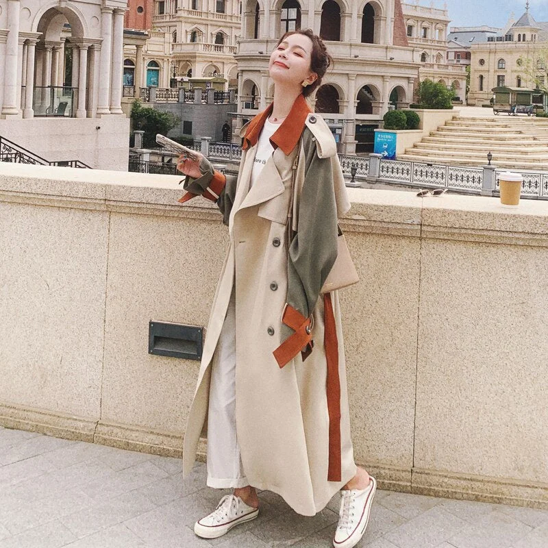 Brand New Fashion Women Trench Coat  Long Patchwork Double-Breasted with Belt Lady Duster Coat Female Cloak Spring Autumn