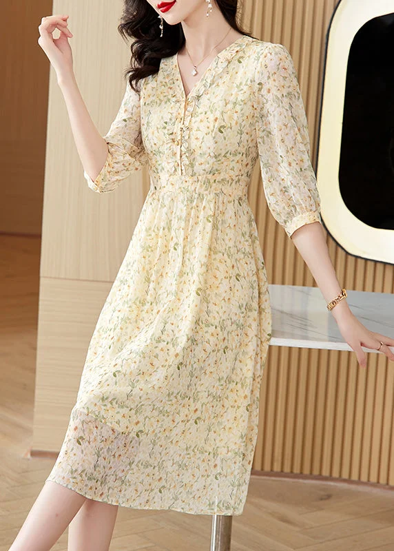 Elegant Light Yellow V Neck Print Chiffon Dresses Summer