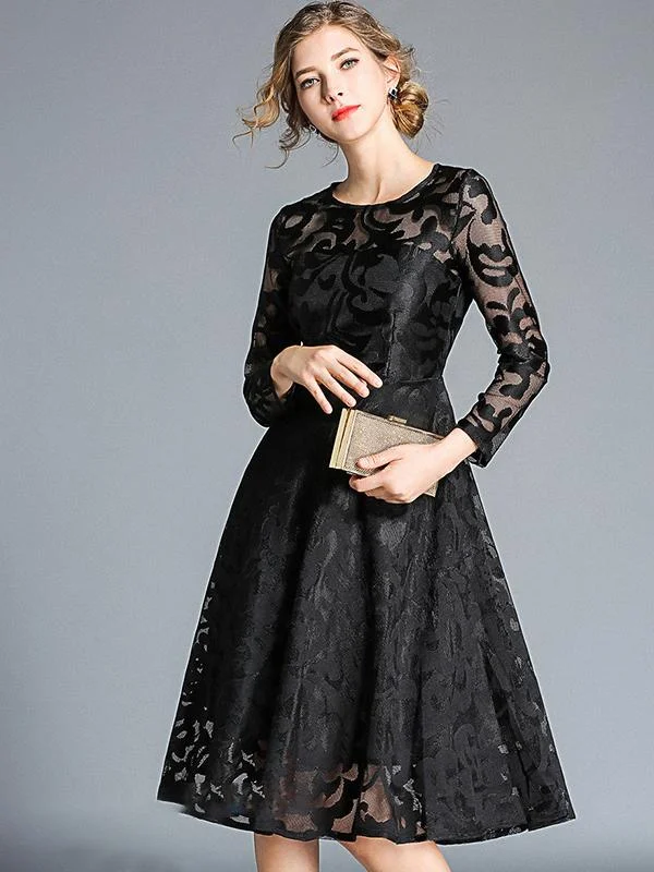 Temperament mid-length lace big swing long-sleeved dress