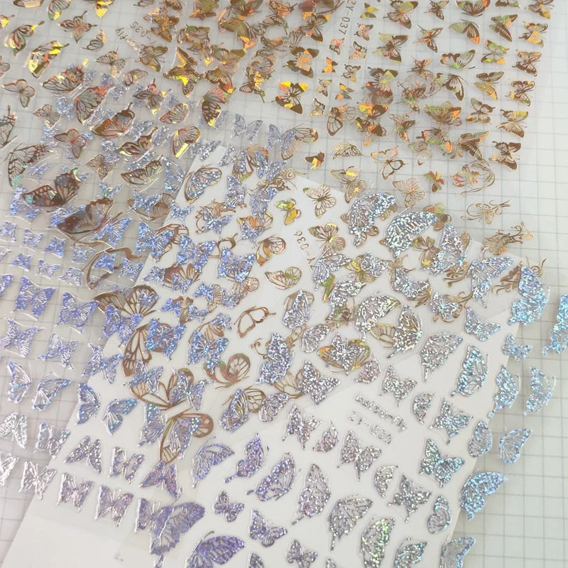 NEW Holographic 3D Laser Butterfly Nail Art Stickers Gold Silver Nail Adhesive Sliders Decals Laser Sticker Decor DIY Manicure-Nail Inspo