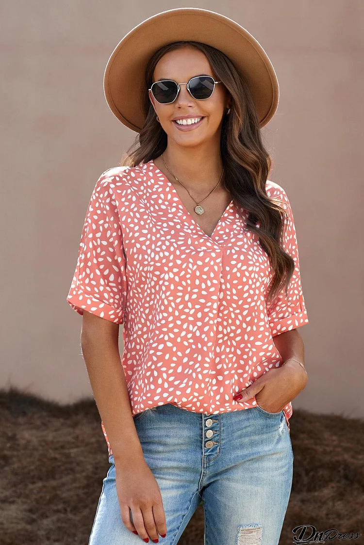 Chic Red Chloe Animal Print V-neck Rolled Sleeve Tunic Top