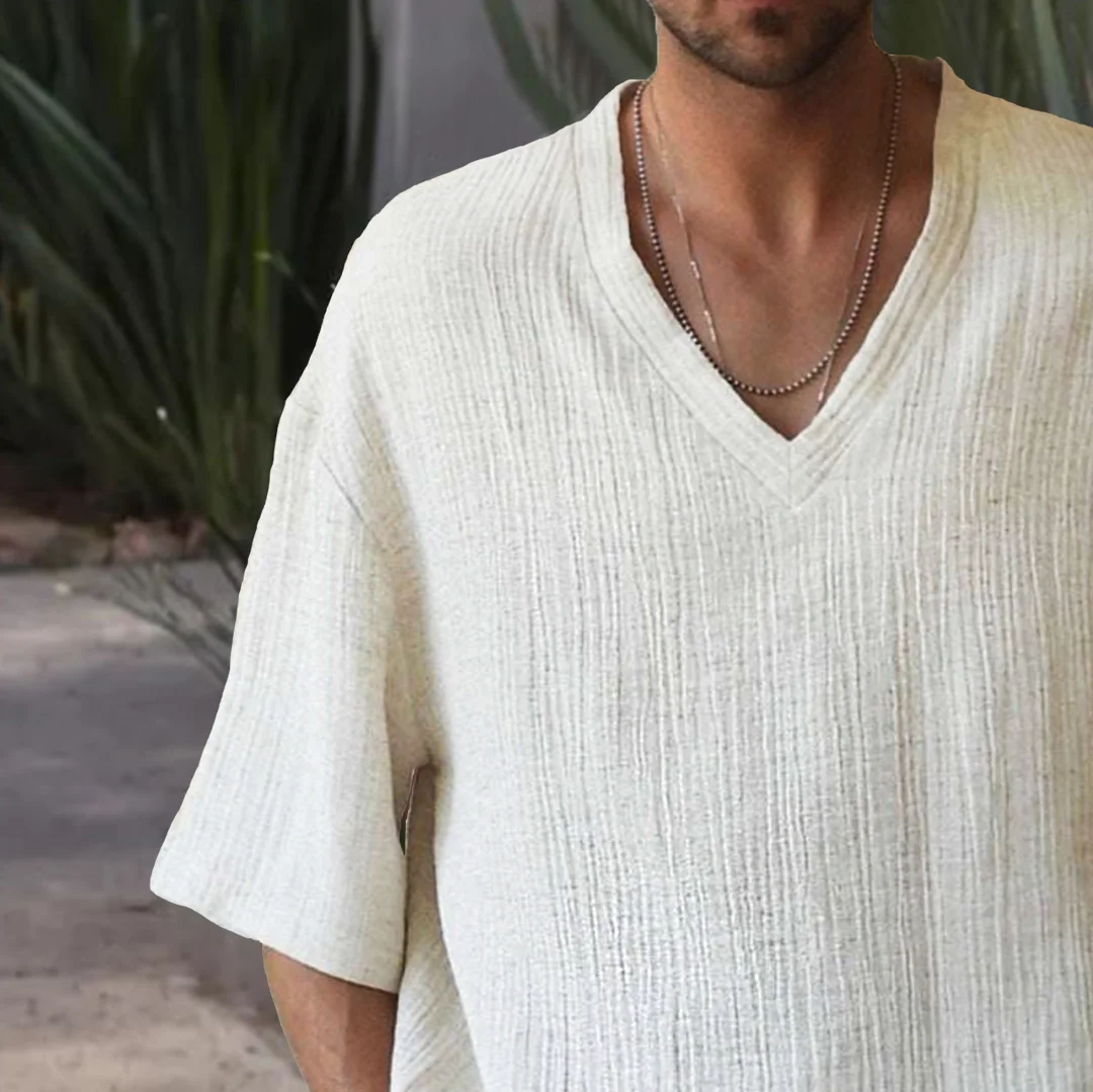 Men's Holiday Linen V-neck Short Sleeve Shirt-inspireuse