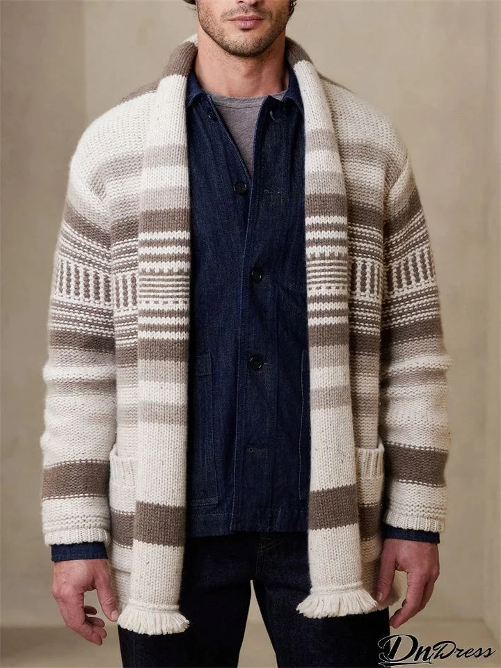 Men's Stylish Beige Stripe Cardigan Knitted Sweaters