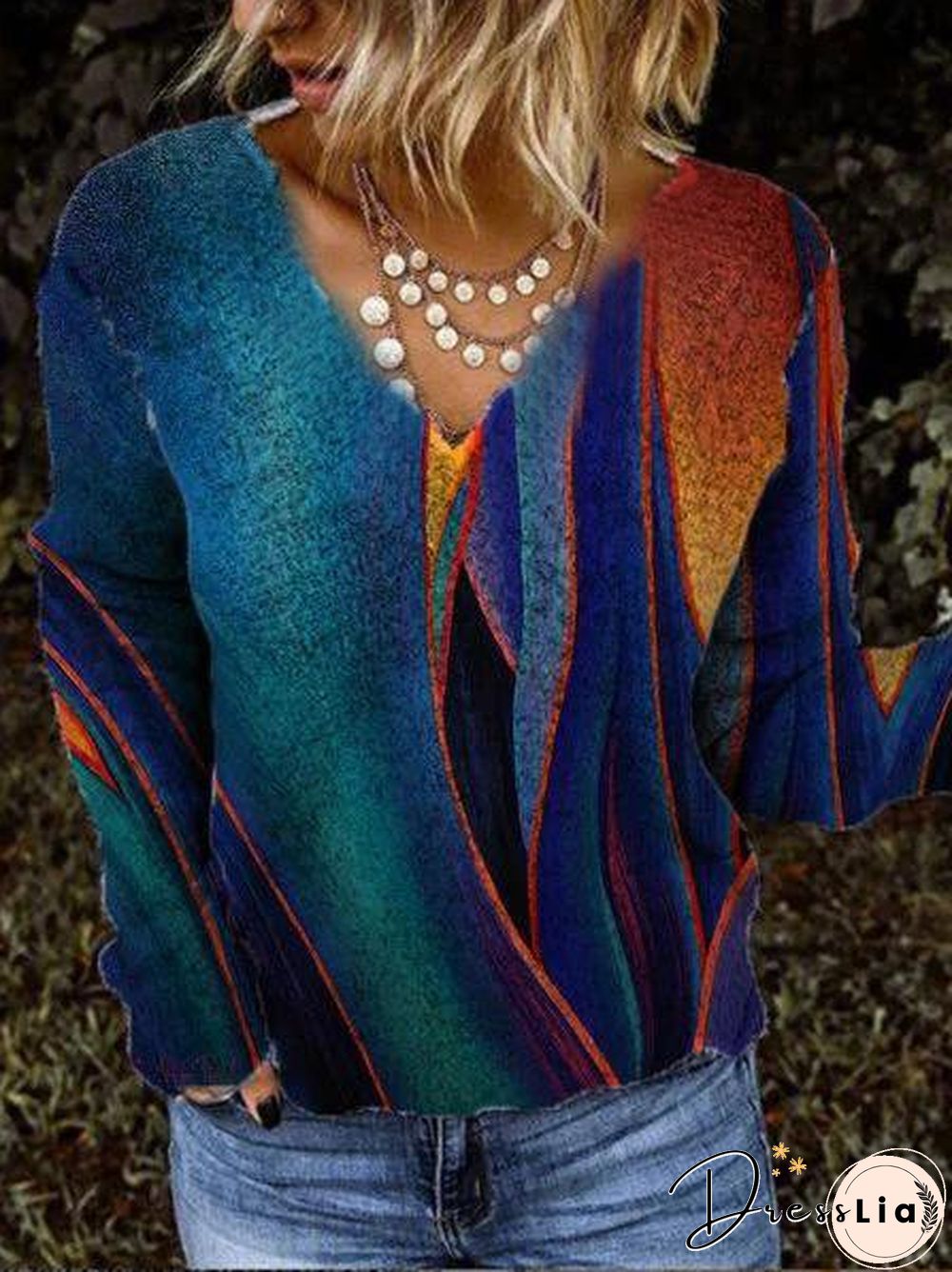 Women Vintage Geometric Color Block V neck Shift Long Sleeve Shirts