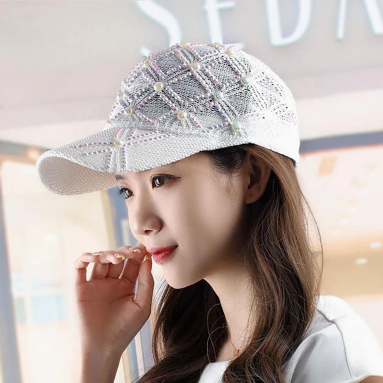 All-Match Mesh Baseball Cap For WomenPearl Rhinestone Hollow Mesh Cap Summer Soft Top Hip Hop Sunshade Hat