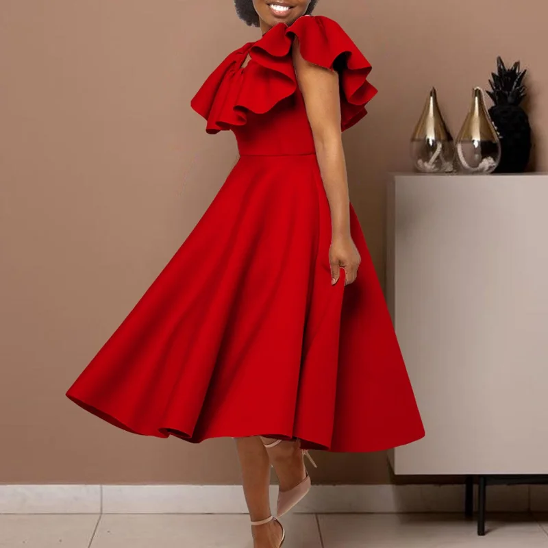 Ruffled Neck Swing Dress - Red