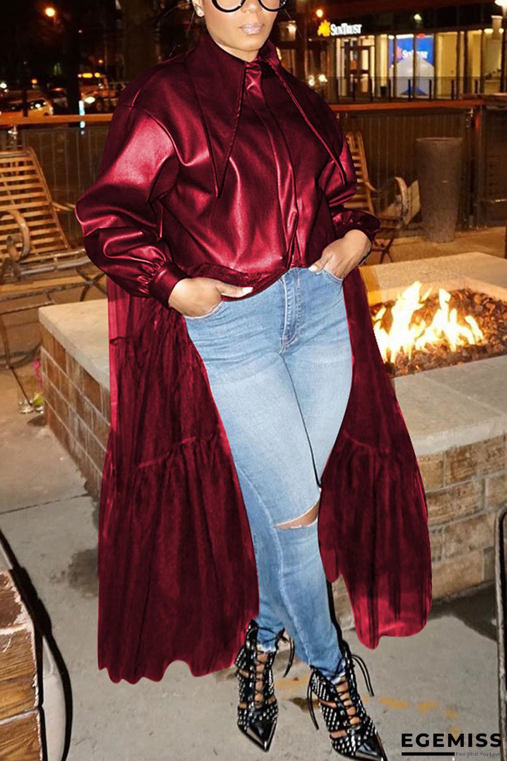 Wine Red Fashion Adult Faux Leather Solid Patchwork Turndown Collar Outerwear | EGEMISS