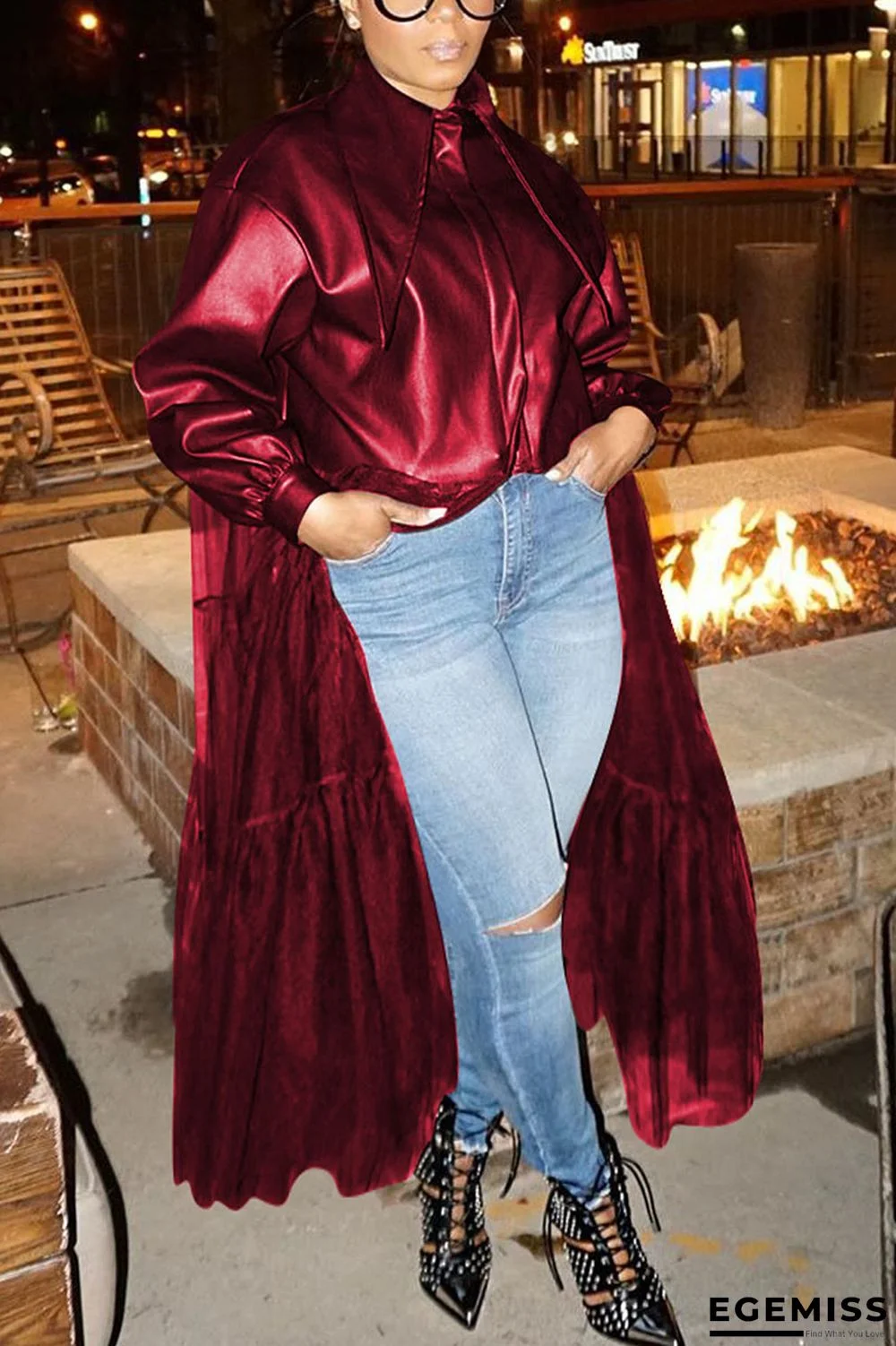 Wine Red Fashion Adult Faux Leather Solid Patchwork Turndown Collar Outerwear | EGEMISS