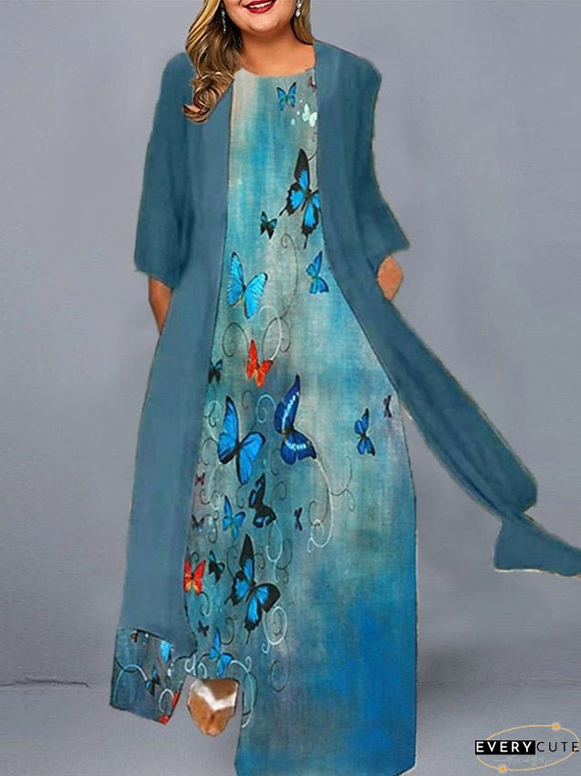 Plus Size Casual Dress Set-Two Piece Animal Butterfly Long Maxi Length Sleeve Print Crew
