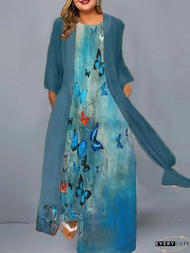 Plus Size Casual Dress Dress Set Two Piece Dress Animal Butterfly Long Dress Maxi Dress 3/4 Length Sleeve Print Crew Neck Fashion Daily Blue Green Spring Summer L XL XXL 3XL 4XL for Women