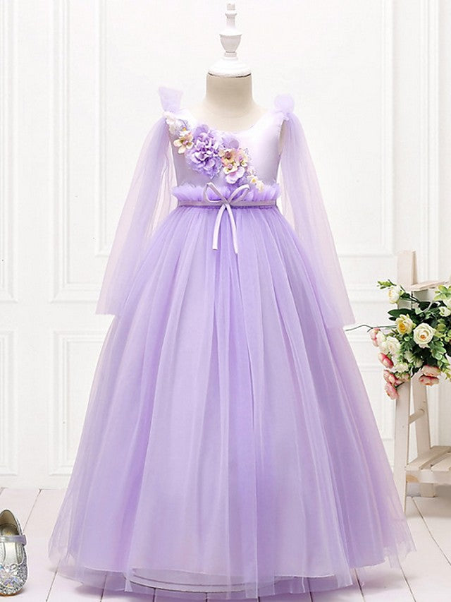 Tiered Tulle V-neck Long Flower Girl Ball Gown Daffodil