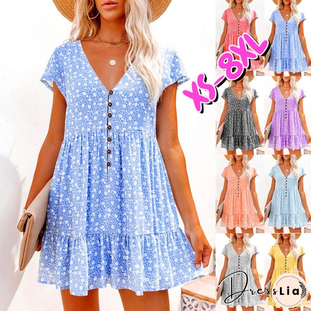 XS-8XL Spring Summer Dresses Plus Size Fashion Clothes Women's Casual Short Sleeve Dress Ladies Button Up Floral Flower Printed Dress Patchwork Loose Mini Pleated Dress Beach Wear Short Party Dress