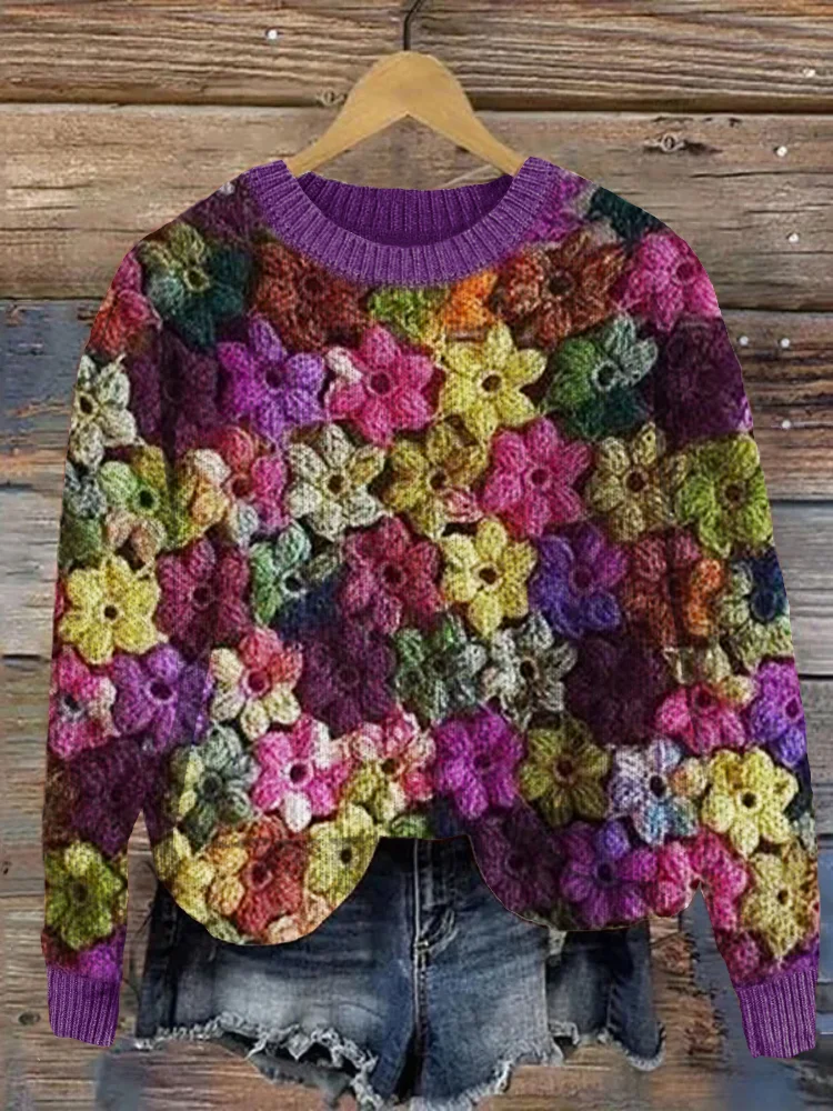 VChics Colorful Floral Crochet Art Cozy Sweater