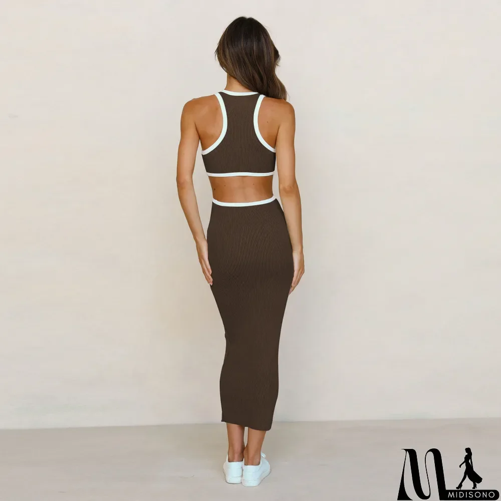 MidiSono - Fashionable round neck pullover tight hollow open back sexy racer dress bodycon midi skirt