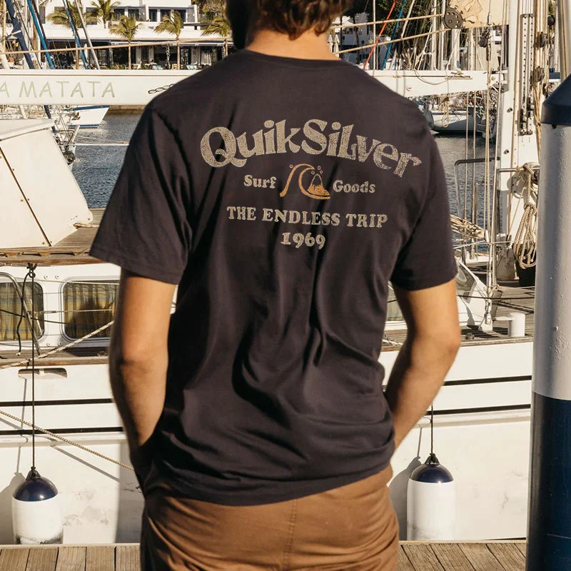 Men's Quiksilver T-Shirt Retro Surf Print Beach Vacation Casual Tee Black、、URBENIE