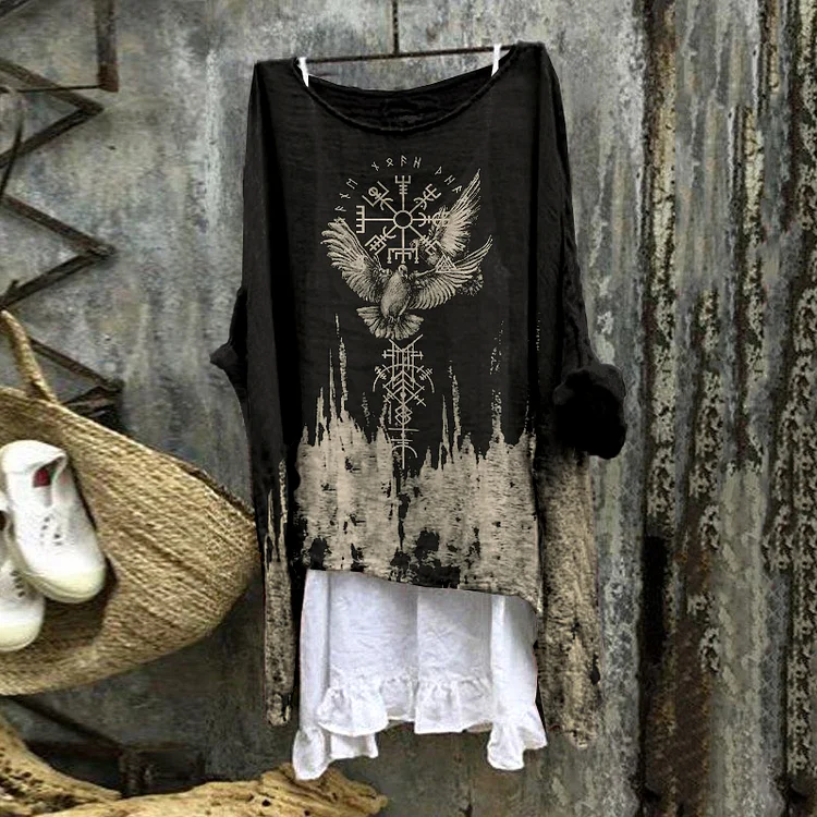 Tribal Bird Viking Vegvisir Print Blouse