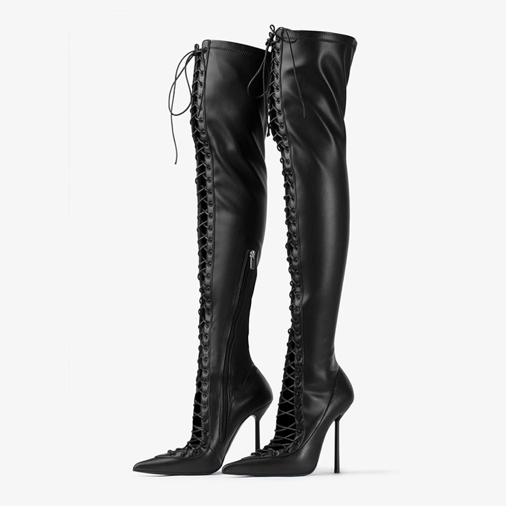 Fashion Black Lace Up Thigh High Boots with Stiletto Heels