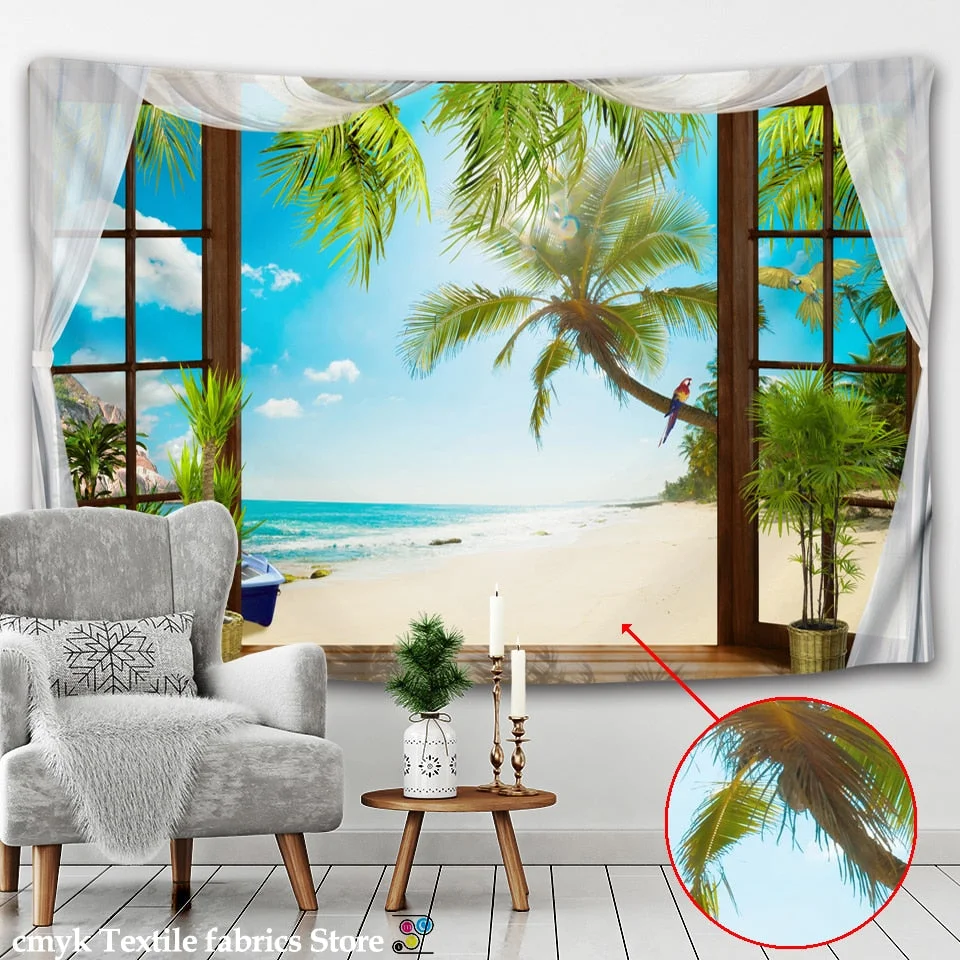 seaview room Tapestry Sea Coconut Tree Wall Hanging Beach Tapestries 3D Printed Large Wall Tapestry Boho Hippie Home Decor