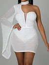 Sexy One-Shoulder Mesh Beaded Decorate Slim Mini Dress