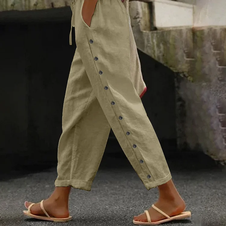 Fitvitalsupplement Women Cotton Linen Pants 2025 Summer Solid Color Elastic Waist Loose Straight Trousers Female Y2K High Waist Wide With Button