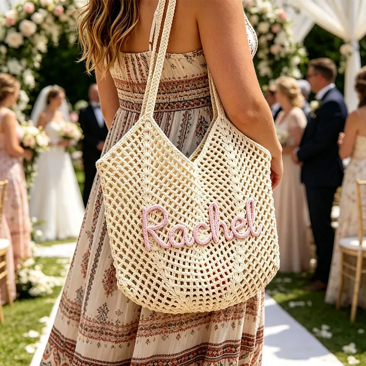Personalised Straw Knitted Beach Bag and Crochet Tote - Unique Bridesmaid Gift Bags, Travel Wedding Favor, Bachelorette Trip Present