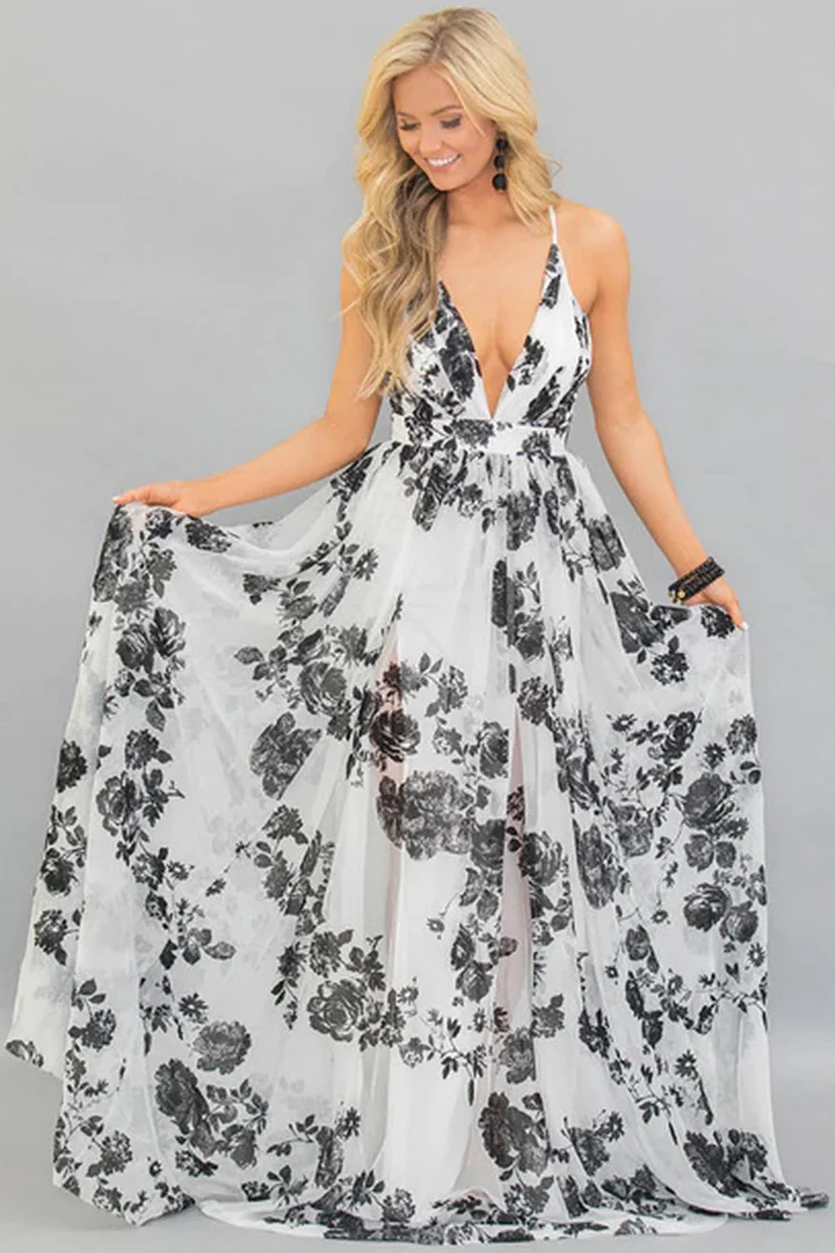 Wedding Guest Black And White Floral Print Deep V Neck Cami Maxi Dress
