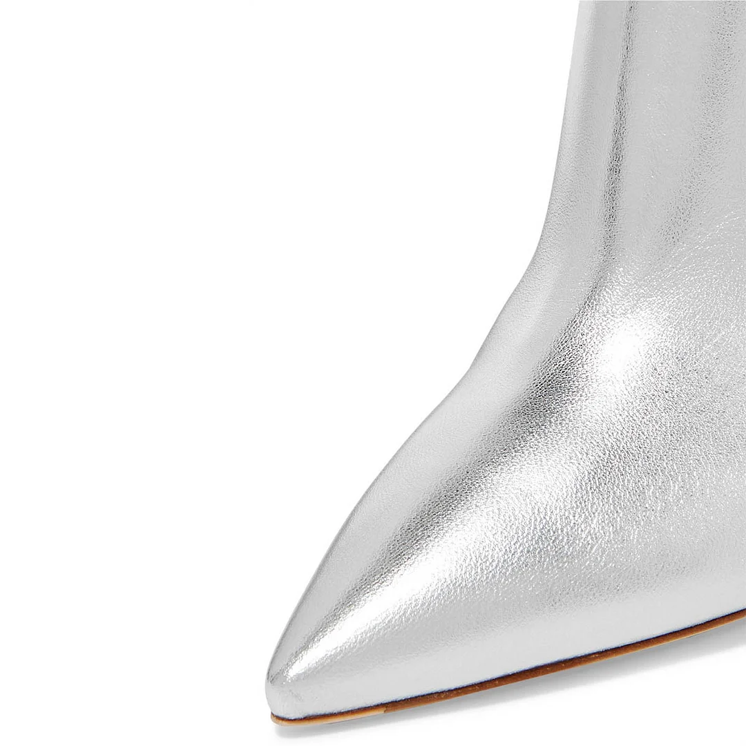 Silver Pointed Toe Stiletto Heel Ankle Boots with Side Zipper