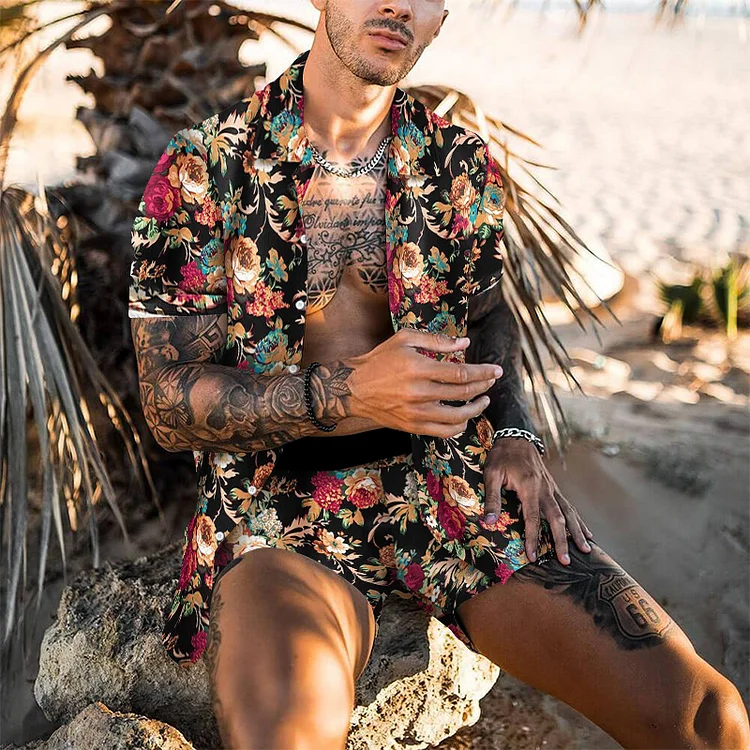 Hawaiian Style Floral Printed Two Piece Suits